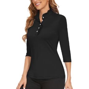 Soneven Womens 3/4 Sleeve Golf Shirts Ruffle Collared Button Down Shirt Work Blouse in Saudi Arabia