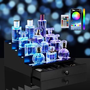 منظم عطر بإضاءة LED للرجال: منظم عطور متعدد أوضاع الإضاءة مع تطبيق وجهاز تحكم عن بعد، حامل عطور خشبي من 4 طبقات مع درج وحجرة مخفية، رف عرض هدية للرجال in Kuwait
