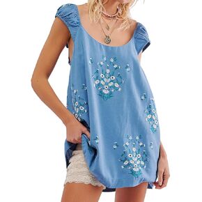Linen Mini Cute Dress Women Floral Embroidered Dress with Crew Neck and Sleeveless Casual Guest Vintage Dresses in Kuwait