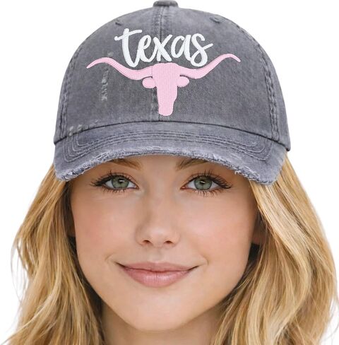 قبعة صورة ظلية على شكل تصميم تكساس لونغهورن بلون مخصص للنساء، قبعة بيسبول أو قبعة ذيل حصان عالية، ملابس هدايا مطرزة TX in Kuwait