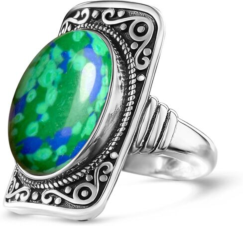 Big Natural Stone Ring,Rectangle Retro Antique Vintage Sterling Silver Genuine Crystal Quartz Gemstone Statement Wide Chunky Boho Bohemian Full Finger Ring for Women in Kuwait