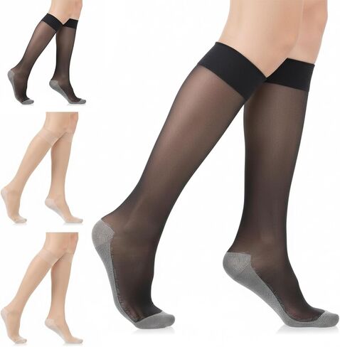 3Pairs Knee High Nylons for Women, Nylon Stockings, Anti-Slip Sheer Knee High Stockings with Reinforced Soles Wide Calf(Black, Nude) in Kuwait