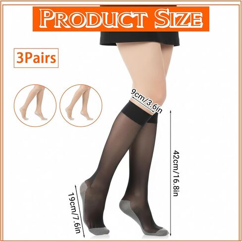 3Pairs Knee High Nylons for Women, Nylon Stockings, Anti-Slip Sheer Knee High Stockings with Reinforced Soles Wide Calf(Black, Nude) in Kuwait