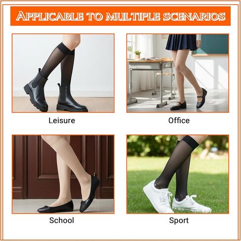 3Pairs Knee High Nylons for Women, Nylon Stockings, Anti-Slip Sheer Knee High Stockings with Reinforced Soles Wide Calf(Black, Nude) in Kuwait