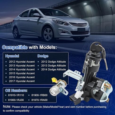 مجموعة مفتاح الإشعال 81910-1R110 مع أسطوانة قفل الباب ومفتاحين مناسبين لسيارة Hyundai Accent 2012-2017، Dodge Attitude 2012-2014، أسطوانة قفل الإشعال مع مفتاح استبدال 81900-1RJ00 in Saudi Arabia