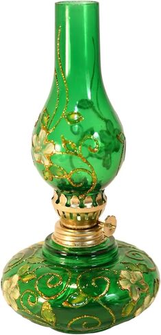 Hand Blown Glass, Green Hand Painted Opaque Finish Oil Lamp 8.5" Tall Great Christmas Gift, Centerpiece, Wedding Gift (Green) in Saudi Arabia