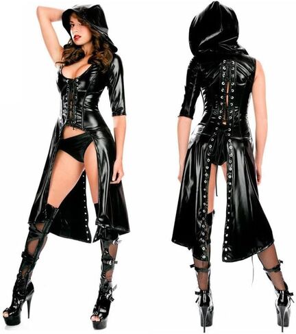 Women's Witch Black Mask Cosplay Faux Leather Sexy PU Cape Cloak Lingerie Costume Set One Size Adjustable Black in Kuwait