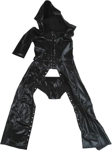 Women's Witch Black Mask Cosplay Faux Leather Sexy PU Cape Cloak Lingerie Costume Set One Size Adjustable Black in Kuwait