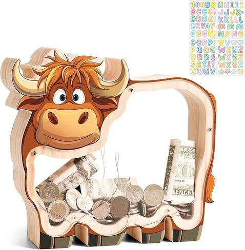بنك خشبي على شكل بقرة هايلاند للأطفال، بنك عملات ماشية غير قابل للكسر للأطفال مع ملصق، جرة نقود خشبية، هدايا عيد ميلاد قابلة للتخصيص، لعبة تعليمية للأولاد والبنات in Kuwait