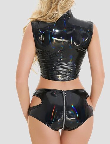 FEOYA Women's Latex Leather Club Outfit Wetlook Leather Rave Crop Tops with Shorts for Halloween Concert Party Costume in Saudi Arabia