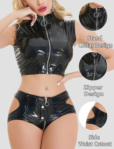 FEOYA Women's Latex Leather Club Outfit Wetlook Leather Rave Crop Tops with Shorts for Halloween Concert Party Costume in Saudi Arabia