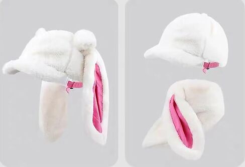 Women's Bunny Beanie Hat Plush Visor Skull Cap Winter Warm Detachable Long Rabbit Ears Hat Cute Y2k Baseball Hat in Saudi Arabia