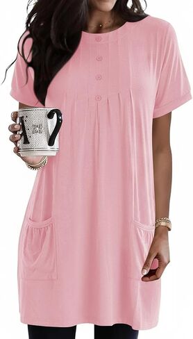 Poetsky 2026 Womens Henley Tunic Tops for Leggings Dressy Casual with Pockets Button Down Pleated Blouses Long Tee Shirts in Saudi Arabia