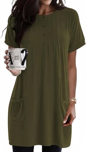 Poetsky 2026 Womens Henley Tunic Tops for Leggings Dressy Casual with Pockets Button Down Pleated Blouses Long Tee Shirts in Saudi Arabia