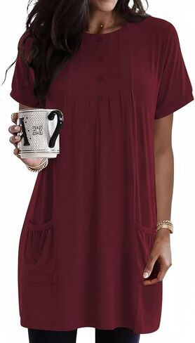 Poetsky 2026 Womens Henley Tunic Tops for Leggings Dressy Casual with Pockets Button Down Pleated Blouses Long Tee Shirts in Saudi Arabia