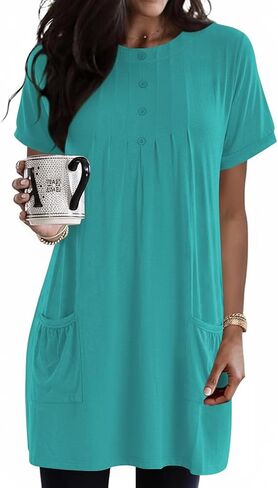 Poetsky 2026 Womens Henley Tunic Tops for Leggings Dressy Casual with Pockets Button Down Pleated Blouses Long Tee Shirts in Saudi Arabia