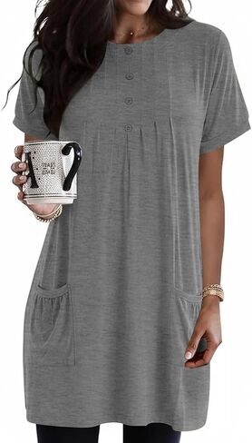 Poetsky 2026 Womens Henley Tunic Tops for Leggings Dressy Casual with Pockets Button Down Pleated Blouses Long Tee Shirts in Saudi Arabia