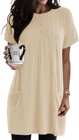 Poetsky 2026 Womens Henley Tunic Tops for Leggings Dressy Casual with Pockets Button Down Pleated Blouses Long Tee Shirts in Saudi Arabia