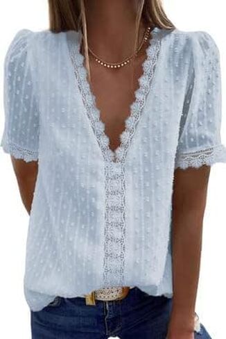 Womens Summer Chiffon Tops Short Sleeve Deep V Neck Blouses Casual Polka Dot Tunic Shirt Tees in Saudi Arabia