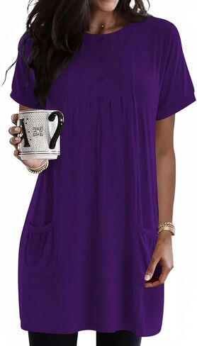 Poetsky 2026 Womens Henley Tunic Tops for Leggings Dressy Casual with Pockets Button Down Pleated Blouses Long Tee Shirts in Saudi Arabia