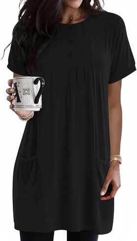 Poetsky 2026 Womens Henley Tunic Tops for Leggings Dressy Casual with Pockets Button Down Pleated Blouses Long Tee Shirts in Saudi Arabia