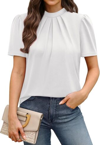 WIHOLL Womens Tops Short Puff Sleeve Shirts Mock Neck Pleated Spring Blouses Dressy Casual Business Casual Summer Outfits in Saudi Arabia