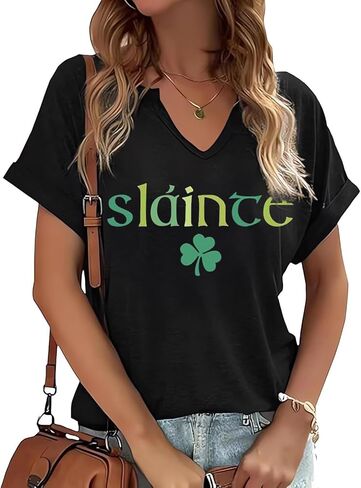 قمصان يوم القديس باتريك برقبة على شكل حرف V للنساء قميص برسومات Lucky Irish Shamrock Clover كاجوال بأكمام قصيرة in Kuwait
