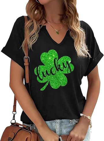 قمصان يوم القديس باتريك برقبة على شكل حرف V للنساء قميص برسومات Lucky Irish Shamrock Clover كاجوال بأكمام قصيرة in Kuwait