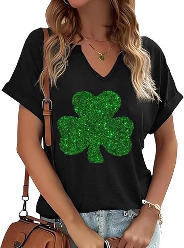 St Patricks Day V Neck Shirts for Women Lucky Irish Shamrock Clover Graphic Shirt Casual Short Sleeve T Shirt Tops in Saudi Arabia