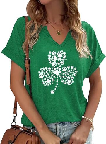 قمصان يوم القديس باتريك برقبة على شكل حرف V للنساء قميص برسومات Lucky Irish Shamrock Clover كاجوال بأكمام قصيرة in Kuwait