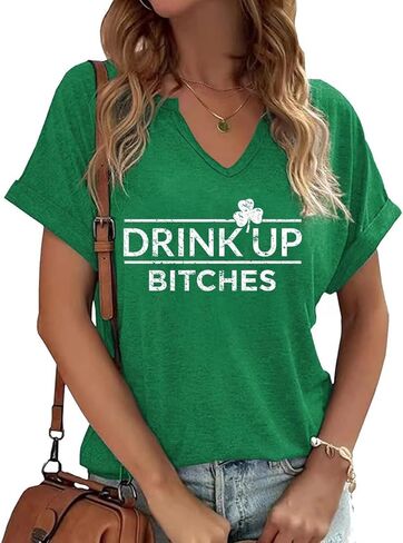 قمصان يوم القديس باتريك برقبة على شكل حرف V للنساء قميص برسومات Lucky Irish Shamrock Clover كاجوال بأكمام قصيرة in Kuwait