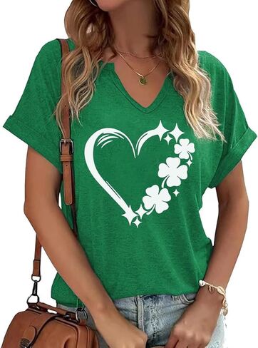 قمصان يوم القديس باتريك برقبة على شكل حرف V للنساء قميص برسومات Lucky Irish Shamrock Clover كاجوال بأكمام قصيرة in Kuwait