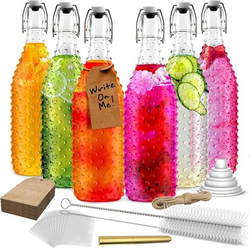 Nevlers 6 Pack 33Oz Textured Swing Top Glass Bottles with Airtight Lids | Clear Flip Top Glass Bottles with Caps |Includes Brush & Funnel | Swing Top Glass Bottles with Lid | Perfect Wine Bottles too in Kuwait