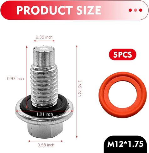 M12*1.75 Oil Drain Plug with 5PCS Oil Drain Plug Gasket, Engine Oil Pan Drain Nut Bolt,OEM#EJ7Z-6730-A 10017615, Compatible with GMC Chevy Lincoln Honda Suzuki in Saudi Arabia