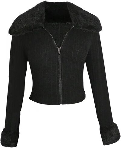 WDIRARA Women's Plus Size Fuzzy Zip Up Jacket Faux Fur Collared Long Sleeve Knit Outerwear in Saudi Arabia