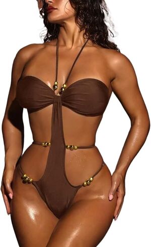 مثير عارية الذراعين الرسن الرقبة المرأة ملابس السباحة Monokini - البني انقطاع ثونغ بيكيني للشاطئ والعطلة in Saudi Arabia