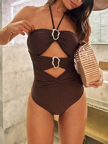 Sexy Women's Halter Neck Backless Monokini Swimsuit - Elegant Cutout Full Cup Bikini for Summer Beach Vacation in Saudi Arabia