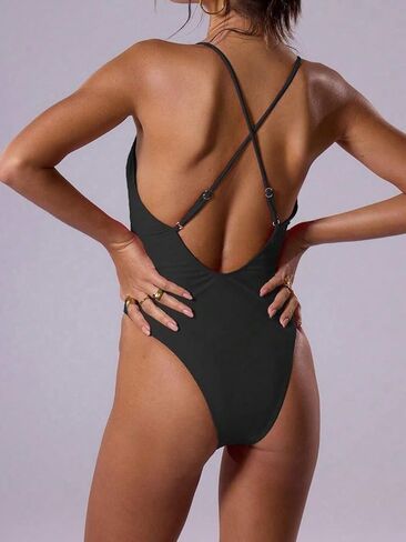 Womens Backless High Cut Sexy Monokini Swimsuit - Deep V-Neck One-Piece Bathing Suit for Beach & Vacation Swimwear in Saudi Arabia