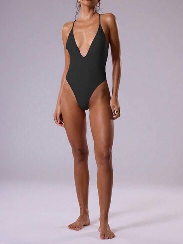 Womens Backless High Cut Sexy Monokini Swimsuit - Deep V-Neck One-Piece Bathing Suit for Beach & Vacation Swimwear in Saudi Arabia