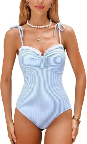 Womens Spaghetti Strap Full Cup Striped One-Piece Swimsuit - Casual Monokini for Summer Beach Vacation in Saudi Arabia