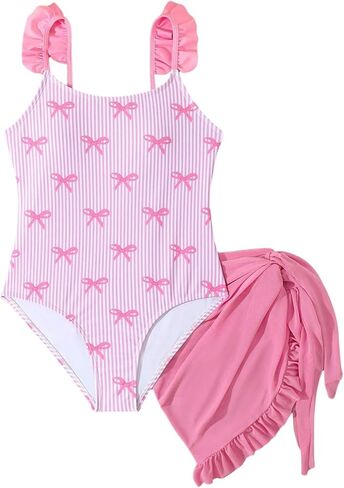 GORGLITTER Girl's Cute Bow Swimsuit Striped Ruffle One Piece Kids Bathing Suit with Beach Cover Up Skirt in Saudi Arabia