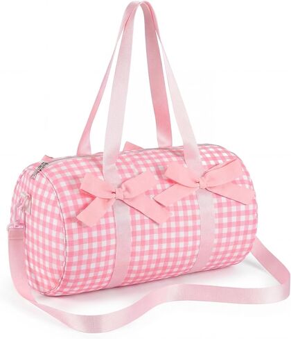 Pink Bows Duffle Bag for Girls Women Gym Sports Ballet Dance Bags Cute Pink Gingham Workout Travel Bag with EVA Lining Adjustable Strap Lightweight for Workout Travel Weekend Trip Sleepover in Saudi Arabia