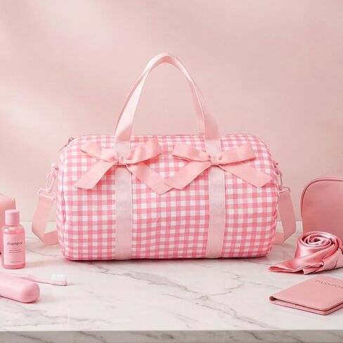 Pink Bows Duffle Bag for Girls Women Gym Sports Ballet Dance Bags Cute Pink Gingham Workout Travel Bag with EVA Lining Adjustable Strap Lightweight for Workout Travel Weekend Trip Sleepover in Saudi Arabia