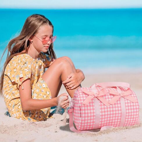 Pink Bows Duffle Bag for Girls Women Gym Sports Ballet Dance Bags Cute Pink Gingham Workout Travel Bag with EVA Lining Adjustable Strap Lightweight for Workout Travel Weekend Trip Sleepover in Saudi Arabia