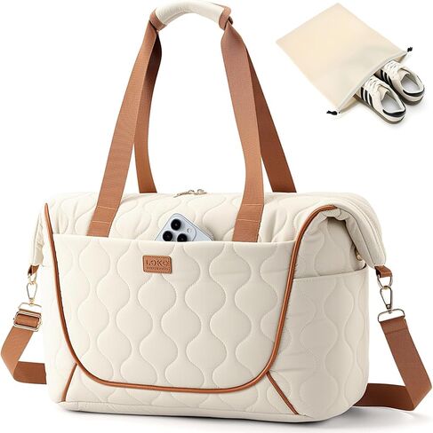 Quilted Puffer Travel Duffle Bag, Black, Large Capacity Weekender Tote, Multi-Compartment Design, Sporty Casual Style (Beige) in Saudi Arabia