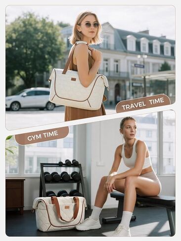 Quilted Puffer Travel Duffle Bag, Black, Large Capacity Weekender Tote, Multi-Compartment Design, Sporty Casual Style (Beige) in Saudi Arabia