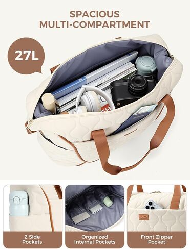Quilted Puffer Travel Duffle Bag, Black, Large Capacity Weekender Tote, Multi-Compartment Design, Sporty Casual Style (Beige) in Saudi Arabia