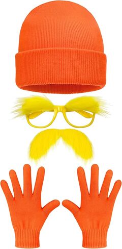 مجموعة إكسسوارات كوسوتي برتقالية مكونة من 4 قطع تتضمن قفازات قبعة صغيرة برتقالية ونظارات حواجب صفراء وشارب مزيف أصفر للرجال والنساء ويوم الكتاب العالمي ومستلزمات الحفلات التنكرية للهالوين in Kuwait