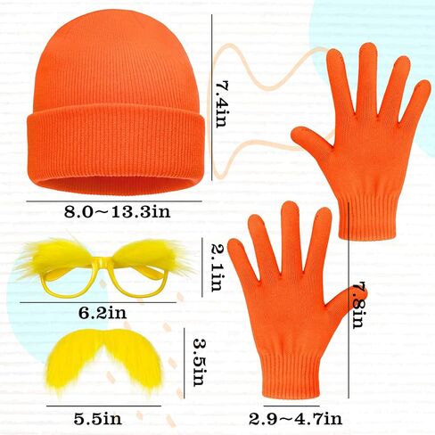 مجموعة إكسسوارات كوسوتي برتقالية مكونة من 4 قطع تتضمن قفازات قبعة صغيرة برتقالية ونظارات حواجب صفراء وشارب مزيف أصفر للرجال والنساء ويوم الكتاب العالمي ومستلزمات الحفلات التنكرية للهالوين in Kuwait