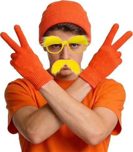 مجموعة إكسسوارات كوسوتي برتقالية مكونة من 4 قطع تتضمن قفازات قبعة صغيرة برتقالية ونظارات حواجب صفراء وشارب مزيف أصفر للرجال والنساء ويوم الكتاب العالمي ومستلزمات الحفلات التنكرية للهالوين in Kuwait